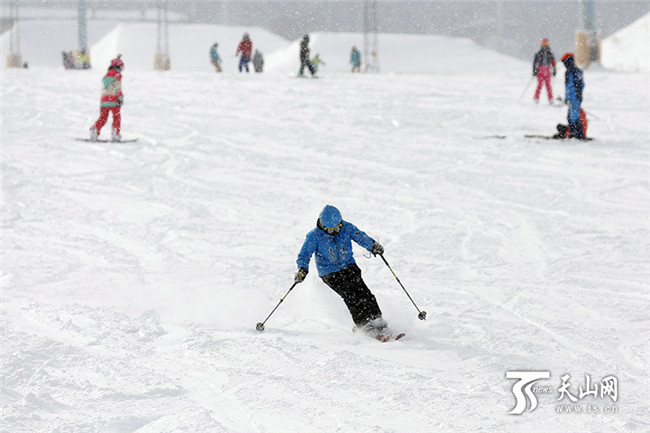 在丝绸之路国际度假区滑雪场内,雪友们驰骋在盼望已久的雪道上。