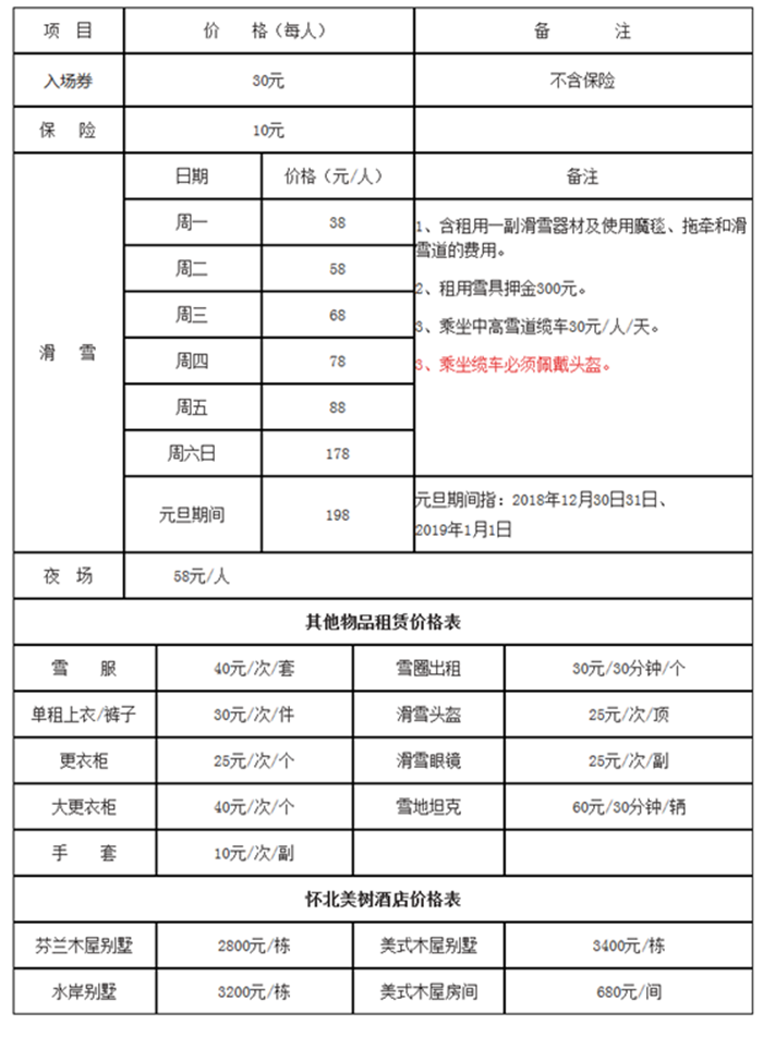 北京怀北国际滑雪场2018-19雪季收费项目