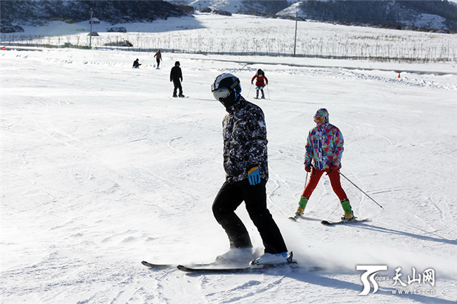 在白云国际滑雪场内，雪友们正在初级道上滑雪。