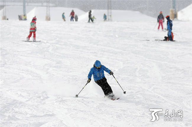 在丝绸之路国际度假区滑雪场内，雪友们驰骋在盼望已久的雪道上。