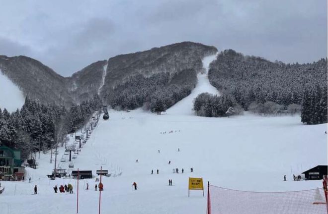 野泽温泉滑雪场内一条雪道的冬季景象